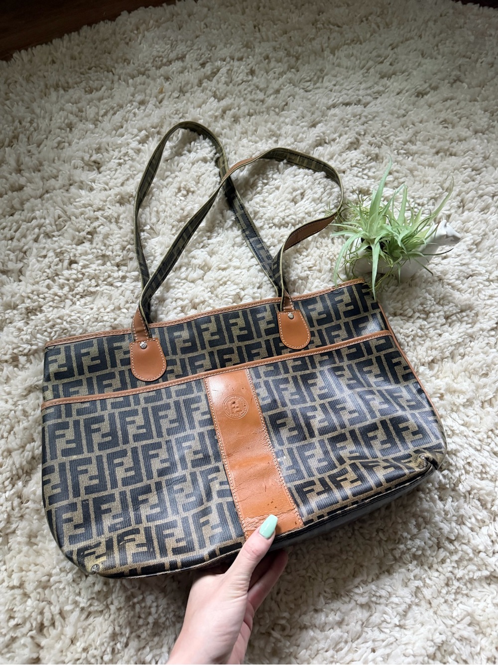 Fendi beautiful unique find Black and Brown FF Canvas Tote with Tan Leather Trim